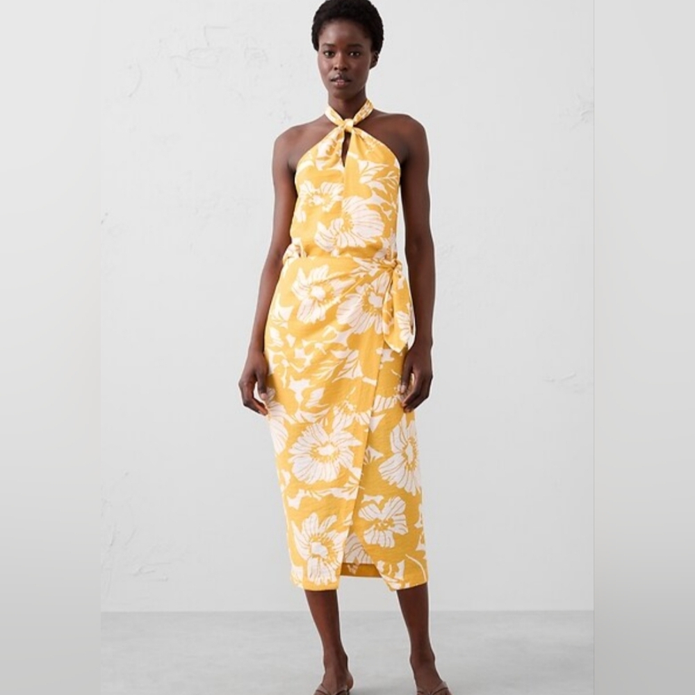 BANANA REPUBLIC YELLOW FLORAL TROPICAL ISLAND FAUX WRAP MIDI SKIRT NWT 12P